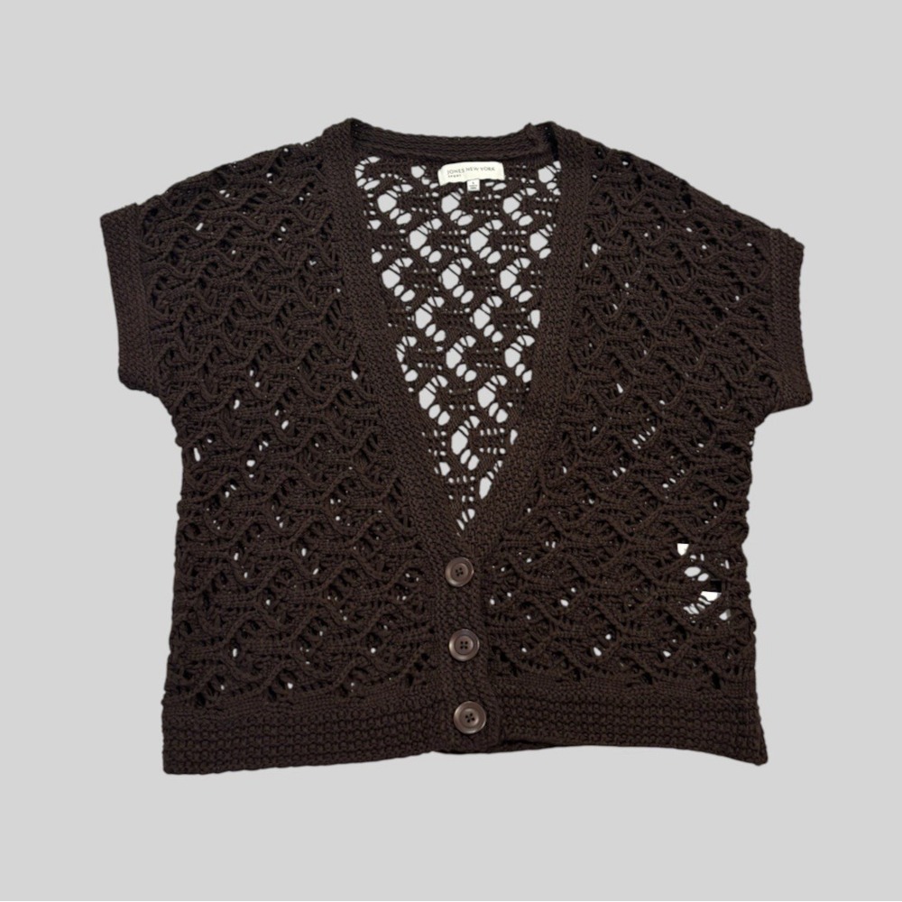 Jones New York Crochet Open Knit Cardigan Womens Small Chocolate Brown Boho